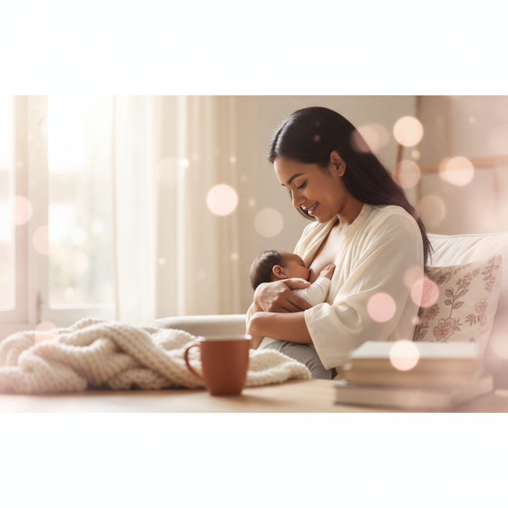 A mother smiling while breastfeeding her newborn baby